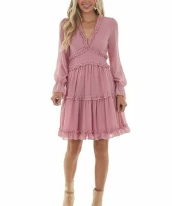 BiBi Dark Blush Sheer Sleeve Frill Tiered Dress Dresses