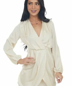 Entro Dresses Champagne Tulip Hem V Neck Long Sleeve Dress