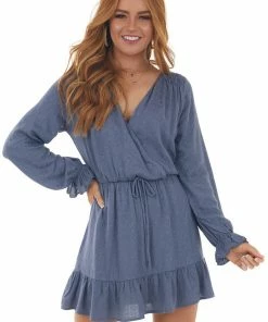 Peach Love Slate Blue Leopard Print Surplice Mini Dress