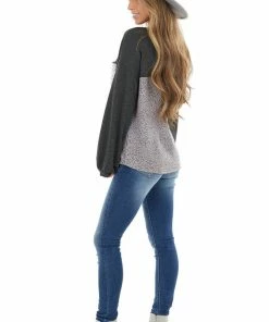 12PM Tops Charcoal Leopard Print Puff Sleeve Top With Sequin Pocket