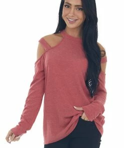 143 Story Crimson Cold Shoulder Mock Neck Knit Top Tops