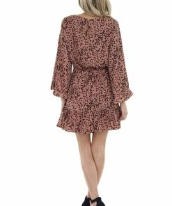Jodifl Dusty Rose Cheetah Print Long Wide Sleeve Short Dress Dresses