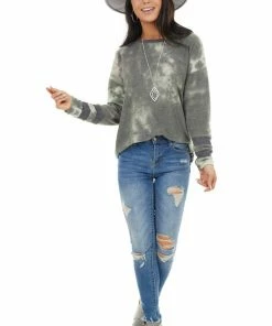 Vanilla Bay Hunter Green Tie Dye Long Sleeve Ribbed Hemline Knit Top Tops