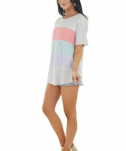 143 Story Heathered Dove Colorblock Knit Top With Short Sleeves Tops