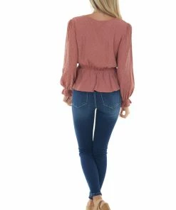 L Love Tops Terracotta Swiss Dot Ruched Puff Sleeve Blouse 27 L Love Tops Terracotta Swiss Dot Ruched Puff Sleeve Blouse