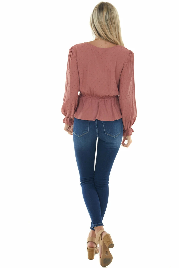 L Love Tops Terracotta Swiss Dot Ruched Puff Sleeve Blouse 12 L Love Tops Terracotta Swiss Dot Ruched Puff Sleeve Blouse