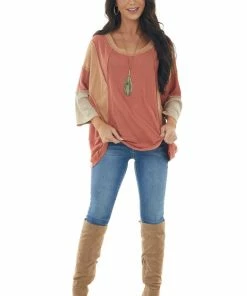 Easel Tops Terracotta Colorblock Boat Neck Outseam Top