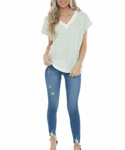 Umgee Sage And Ivory Striped V Neck Waffle Knit Top