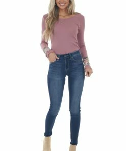Lovely Melody Mauve Waffle Knit Top With Multiprint Cuff Tops