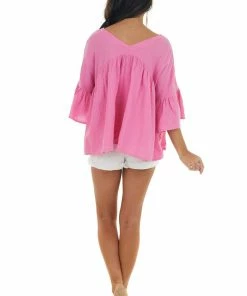 Davi & Dani Thulian Pink Button Down Flare Sleeve Blouse