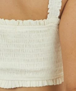 LE LIS Tops Cream Sleeveless Smocked Crop Top With Gold Thread Details 24 LE LIS Tops Cream Sleeveless Smocked Crop Top With Gold Thread Details