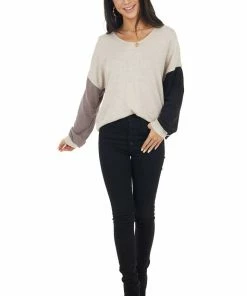 BiBi Blush Black And Taupe Colorblock Top With Back Twist Detail