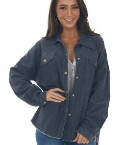 143 Story Tops Stormy Grey Snap Button Down Corduroy Shacket 23 143 Story Tops Stormy Grey Snap Button Down Corduroy Shacket