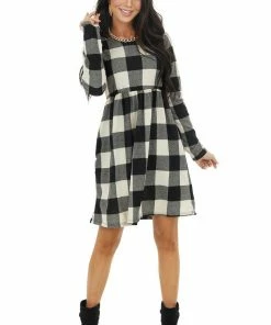 HEIMISH Dresses Black And Ivory Buffalo Plaid BabyDoll Dress With Pockets
