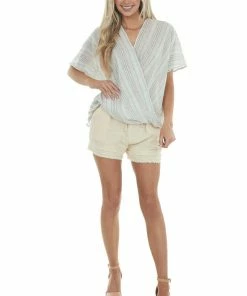 Lime 'N' Chili Tops Off White Multicolor Striped Surplice Top With Short Sleeves