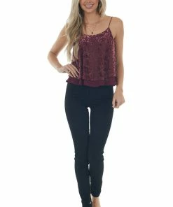 She + Sky Wine Velvet Leopard Print Sleeveless Top