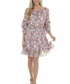 Easel Iris Floral Print Tiered Ruffle Sleeve Dress Dresses 13 Easel Iris Floral Print Tiered Ruffle Sleeve Dress Dresses