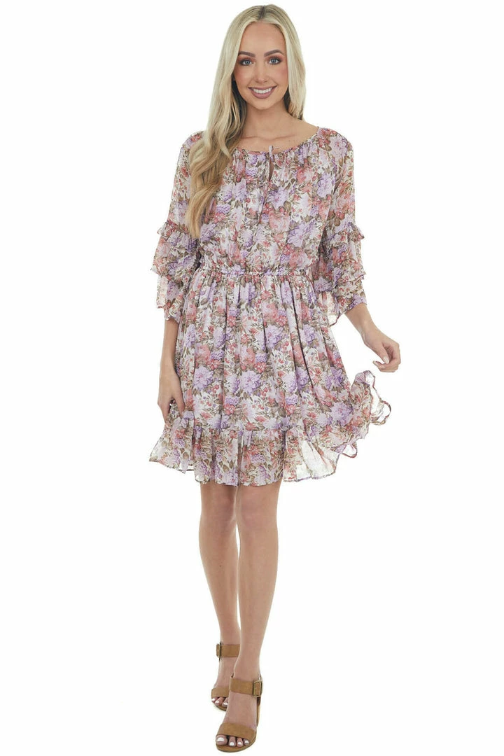Easel Iris Floral Print Tiered Ruffle Sleeve Dress Dresses 6 Easel Iris Floral Print Tiered Ruffle Sleeve Dress Dresses