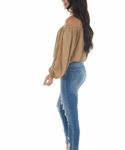 La Miel Tops Peanut Off Shoulder Long Bubble Sleeve Top