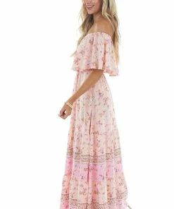 Aakaa Light Peach Floral Print Off Shoulder Woven Maxi Dress Dresses