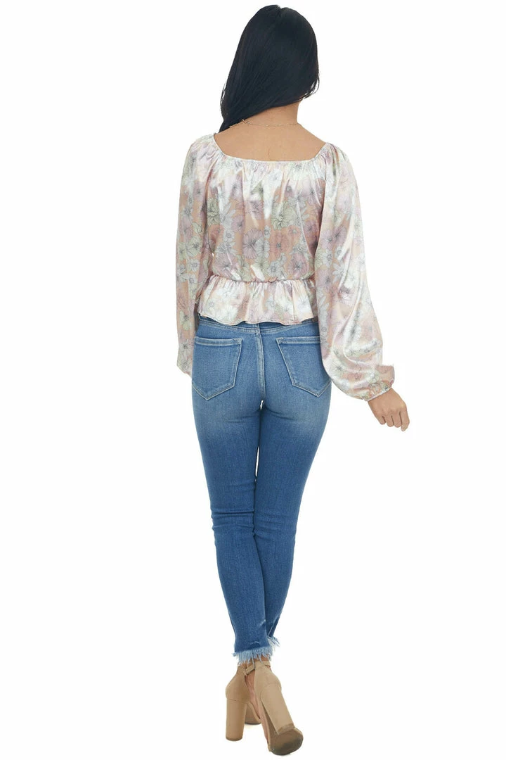 Peach Love Dusty Peach Satin Floral Surplice Peplum Top 13 Peach Love Dusty Peach Satin Floral Surplice Peplum Top