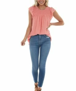 143 Story Tops Coral Smocked Cap Sleeve Woven Blouse