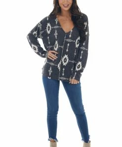 BiBi Tops Charcoal Aztec Print Wide V Neck Knit Top