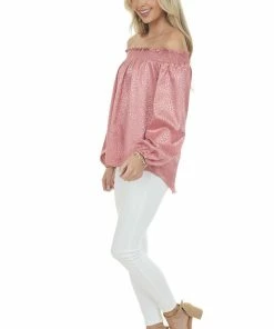 Umgee Tops Rose Metallic Cheetah Off Shoulder Top
