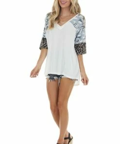 POL Clothing Ivory Super Soft Knit Top With 3/4 Length Multiprint Sleeves 29 POL Clothing Ivory Super Soft Knit Top With 3/4 Length Multiprint Sleeves