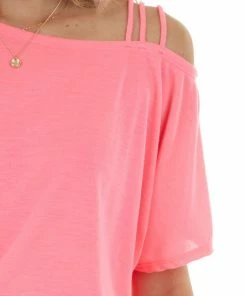 BiBi Tops Neon Pink Cold Strapped Shoulder Soft Knit Short Sleeve Top