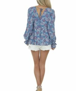 Andree Steel Blue Printed Puff Sleeve Babydoll Blouse Tops