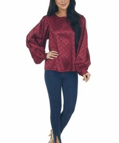 Vine & Love Tops Maroon Checkered Long Sleeve Satin Blouse