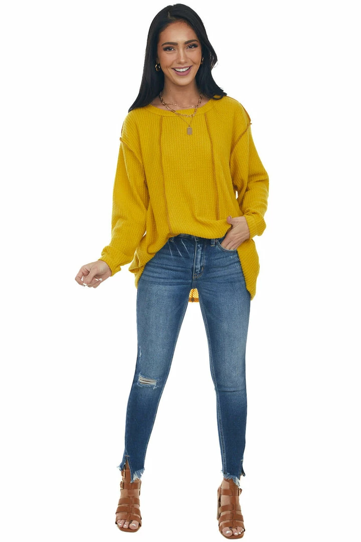 BiBi Bright Mustard Long Sleeve Brushed Waffle Knit Top 16 BiBi Bright Mustard Long Sleeve Brushed Waffle Knit Top
