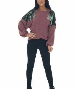 7th Ray Heathered Berry Multicolor Sequin Knit Top
