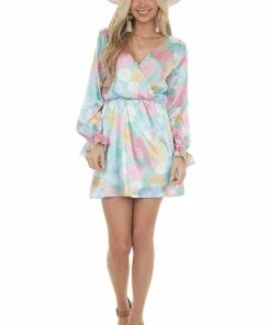 Peach Love Seafoam Floral Print Surplice Satin Short Dress Dresses