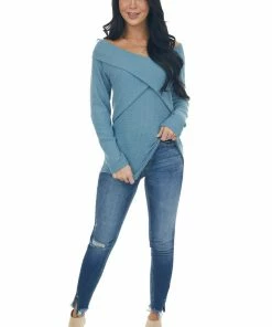 BiBi Tops Steel Blue Criss Cross Brushed Waffle Knit Top