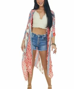 ANGIE Tops Scarlet And Cream Printed Side Slit Kimono