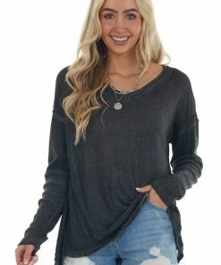 Umgee Heathered Black Knit Top With Ribbed Knit Details 26 Umgee Heathered Black Knit Top With Ribbed Knit Details