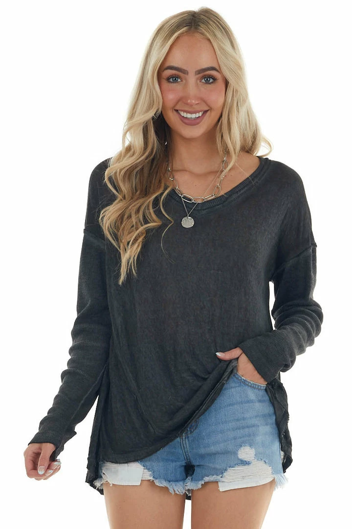 Umgee Heathered Black Knit Top With Ribbed Knit Details 11 Umgee Heathered Black Knit Top With Ribbed Knit Details
