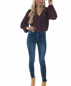 She + Sky Tops Plum Surplice Long Sleeve Pleated Blouse