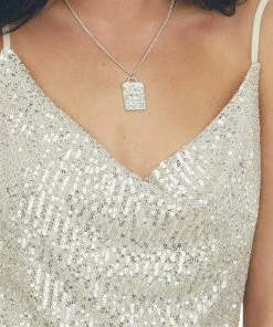 Main Strip Champagne Sequin Sleeveless Cowl Neck Tank