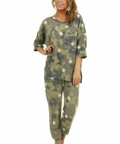 Entro Tops Olive Camo And Star Print Short Sleeve Top With Front Pocket