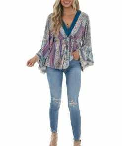 ANGIE Tops Catalina Blue Printed Drop Waist Top With Tie