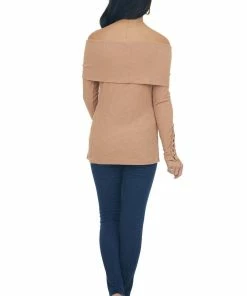 Doe & Rae Tops Dark Apricot Ribbed Knit Folded Off The Shoulder Top