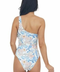 Stylish Swimwear Accessories Pearl And Floral Print One Shoulder Swimsuit