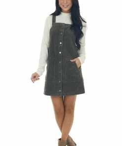 She + Sky Dresses Army Green Button Down Corduroy Overall Dress