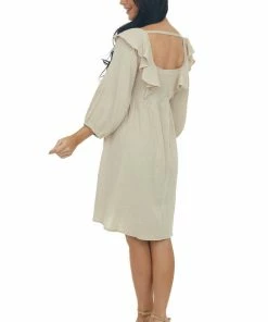 Umgee Dresses Latte 3/4 Bubble Sleeve Smocked Gauze Dress