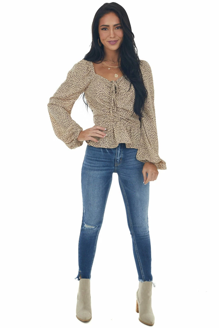 FSL APPAREL Beige Animal Print Ruching Front Peplum Blouse Tops 14 FSL APPAREL Beige Animal Print Ruching Front Peplum Blouse Tops