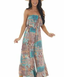 Illa Illa Pastel Blue Abstract Print Strapless Jumpsuit Casual Summer Vibes