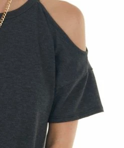 HEIMISH Charcoal Short Sleeve Cold Shoulder Stretchy Knit Top Tops